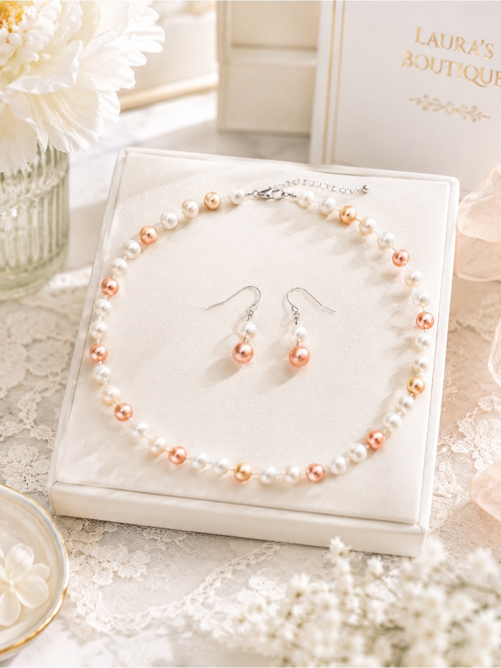 Boutique Genuine Mother of Pearl Peach White Necklace & Earring Set Bridal NWT